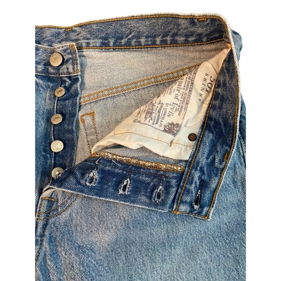 Levis 501 S Premium Big E Jeans 28x28 Button Fly Blue Denim Ripped Skinny - Picture 10 of 12